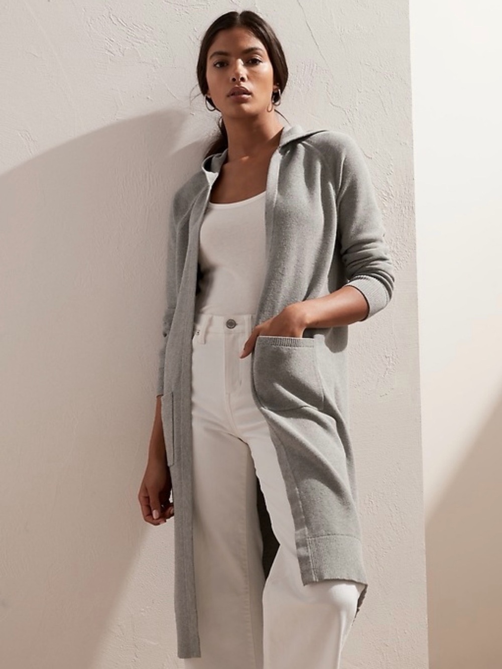 Banana Republic Light Gray Long Open-Front Hooded Cardigan
